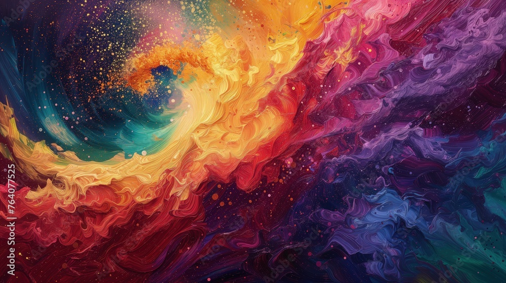 Wirujące kolorowe wiry kosmiczne we wszystkich kolorach tęczy. Malowidło wykonane jest techniką olejną w dynamiczny sposób 