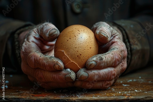 Time-worn hands of experience lovingly cradle a brown egg, symbolizing life's simplicity and the beauty of nature