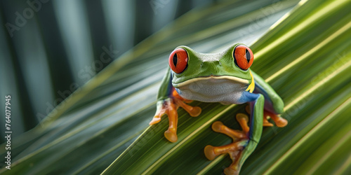 Red Eyed Amazon Tree Frog photographed on a palm leaf. Generative AI, F001