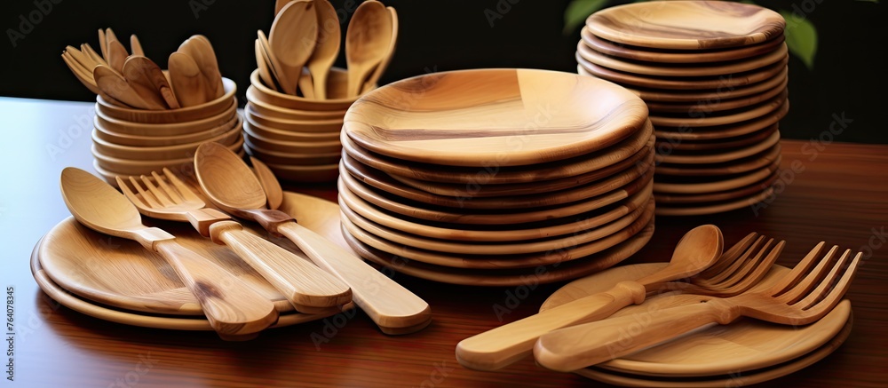 There are many wooden utensils and spoons arranged on a table