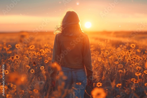 A solitary woman stands amidst a blooming sunflower field, bathed in the warm glow of a setting sun, evoking peace and tranquility