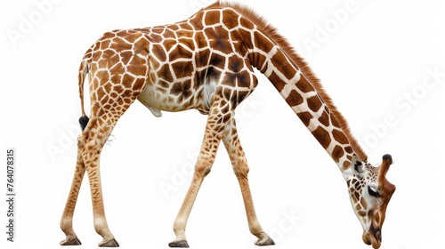 A graceful giraffe bending down to meet the eye of the viewer  gentle and serene against a pure white background.