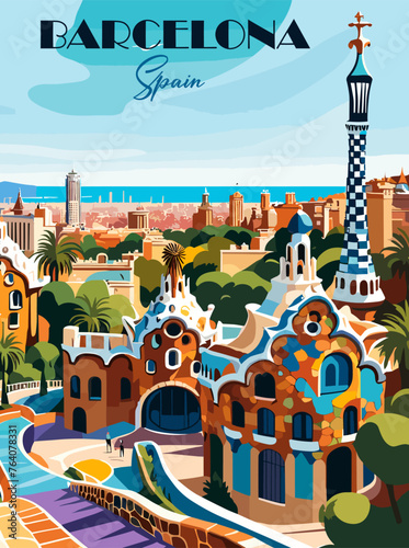 Barcelona, Spain Travel Destination Poster in retro style. Cityscape with famous Park Guel digital print. European summer vacation, holidays concept. Vintage vector colorful illustration. photo