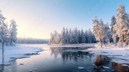 Panorama of the frozen lake and snow-covered trees © muza