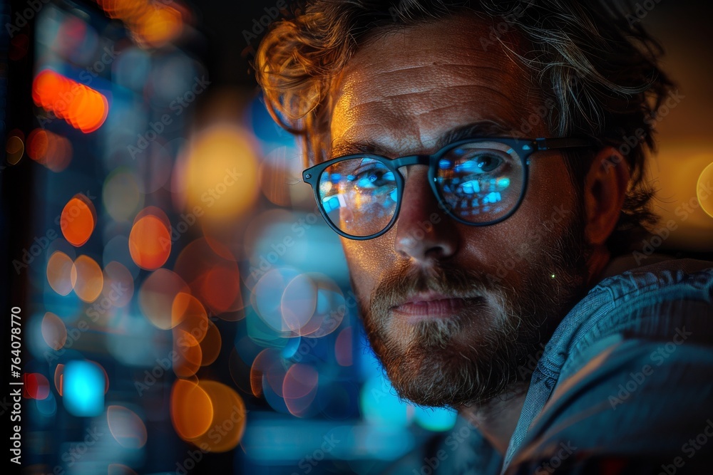A person in profile with a blurred colorful light backdrop, suggesting deep thought or contemplation in an urban setting A person in profile with a blurred colorful light backdrop, suggesting deep thought or contemplation in an urban setting
