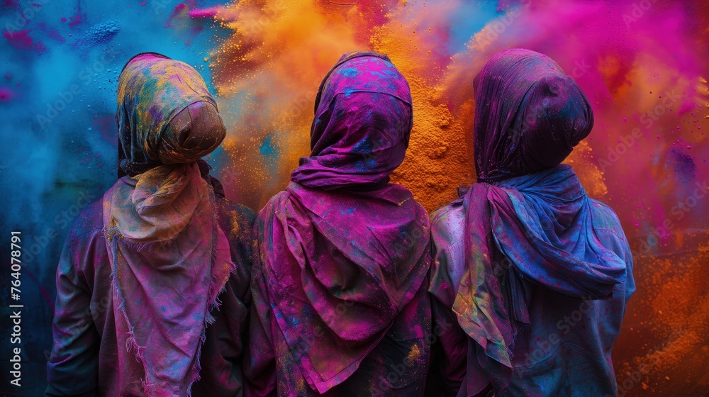 Trzy dziewczyny w hidżab stojące obok siebie w rzędzie sa obsypane intensywnymi barwami, tworząc kontrastowe i dynamiczne zdjęcie w dniu Holi - obrazy, fototapety, plakaty 