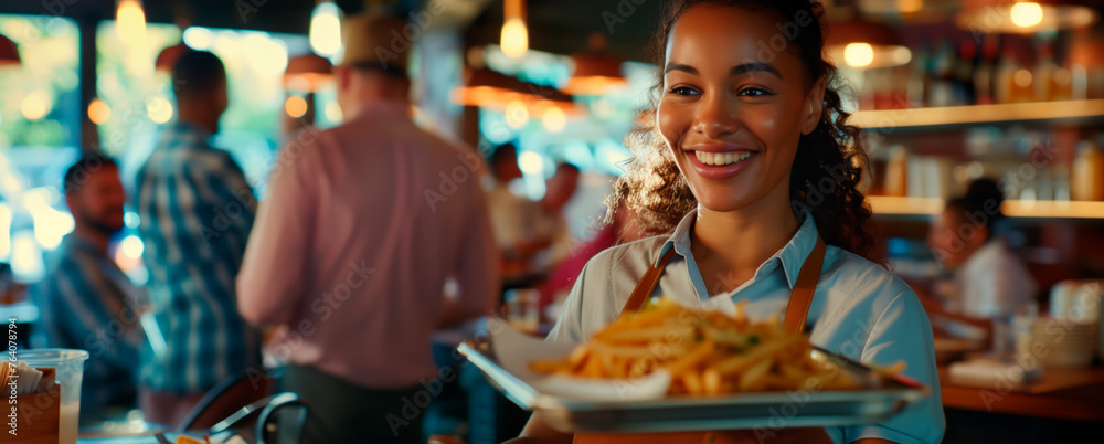 Friendly waitress serving food in bustling restaurant.