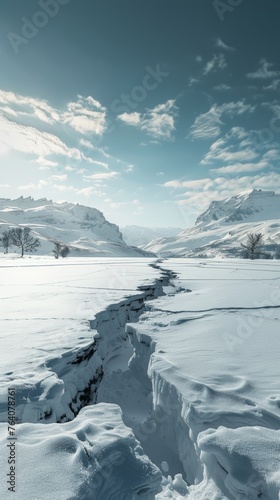 Winter landscape with snow-covered river and mountains