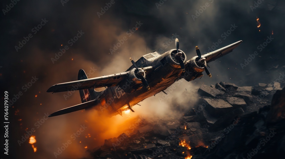 Naklejka premium The plane flies over a rocky area surrounded by fire and smoke