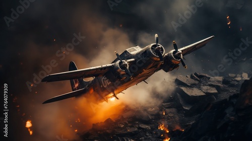 The plane flies over a rocky area surrounded by fire and smoke