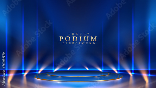 Luxury background design concepts with futuristic blue stage with spotlight beams projecting upwards in a darkened space.