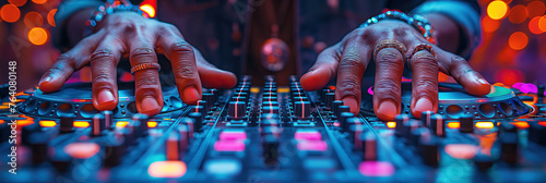 male hands of a black DJ mixes music on a DJ console mixer with turntable at a nightclub in night party photo