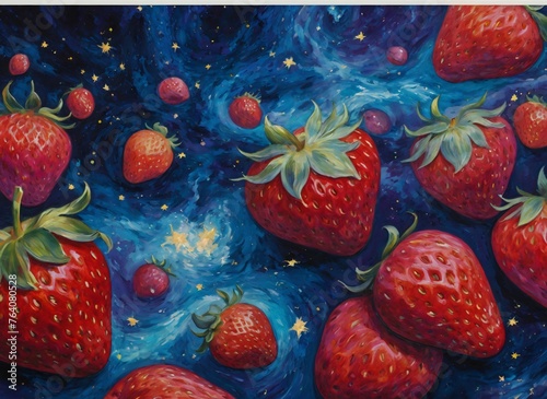 A painting of strawberries with stars in the background