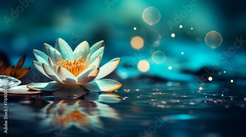 Enchanting glowing lotus flower on turquoise water with ample space for text overlay