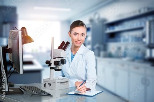 scientist woman do lab research with data analytics