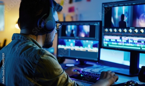 Man editing video on computer in home studio