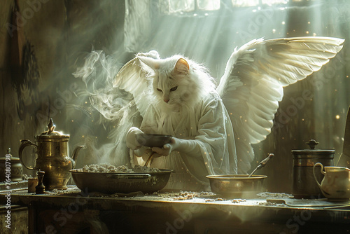 Furry chef under angels guidance, celestial cooking, kitchen bathed in soft light