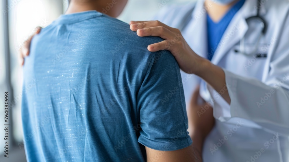 a doctor placing a reassuring hand on the shoulder of a patient wearing a blue shirt, symbolizing empathy and support in a medical setting a doctor placing a reassuring hand on the shoulder of a patient wearing a blue shirt, symbolizing empathy and support in a medical setting