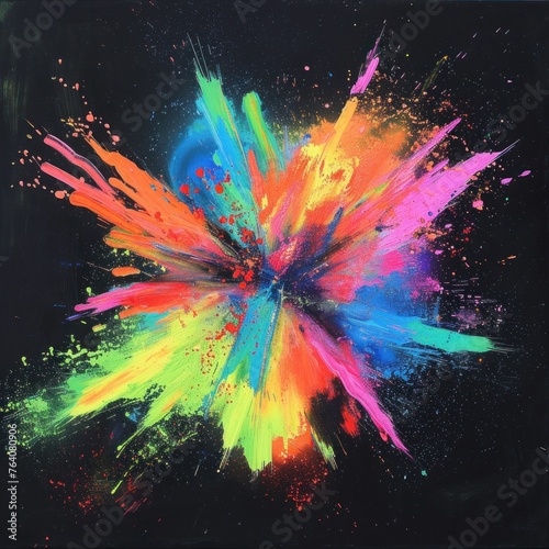 Abstract art: dynamic burst of neon paint powders on black, energy in color