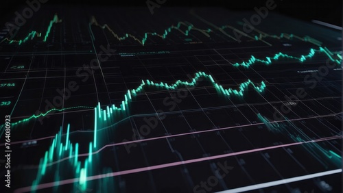 Digital display, options chart, stock market glowing on a dark background, growth graph