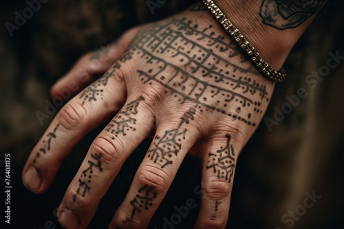 The inked soul. A persons hand is proudly displaying a unique and intricate tattoo, showcasing their personal expression and passion for body art