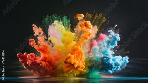 High-speed capture of vibrant paint explosion, rainbow hues against dark void © Wavezaa