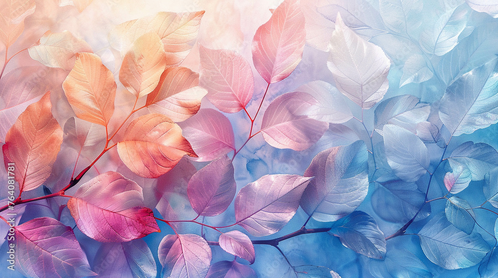 Pastel leaf patterns on watercolor ether, early morning, ultrawide view , 3D illustrations