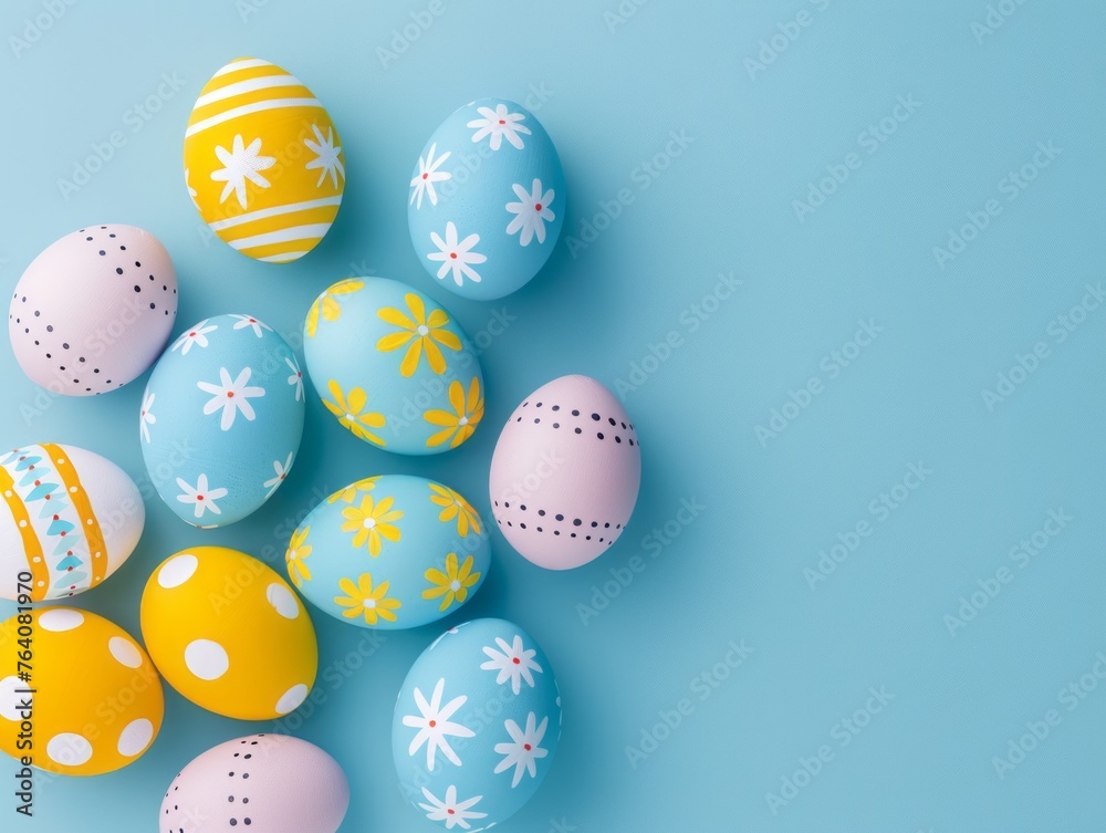 Easter eggs painted in yellow blue and white against light blue background, Easter eggs on blue background.