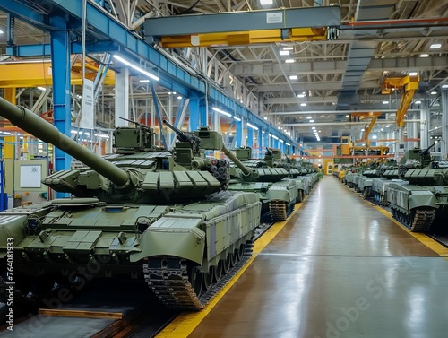 Rows of new tanks lined up in a modern manufacturing plant, showcasing industry and defense.