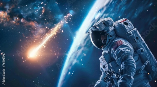astronaut watching a comet or asteroid pass from space over the earth in high resolution and high quality HD