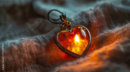 Heart-shaped pendant glows against soft blanket, heart-shaped pendant glows in the dark. photo