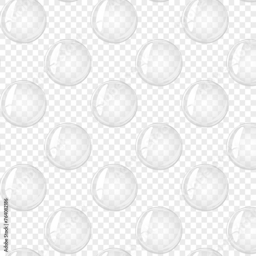 Seamless pattern transparent water bubble. Soap bubble, crystal glass ball. Beauty product, moisture, skincare transparent bubbles top view, scatter splashes