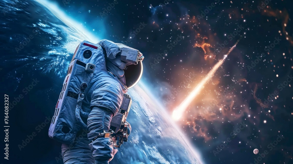 astronaut watching a comet or asteroid pass from space over the earth in high resolution and quality astronaut watching a comet or asteroid pass from space over the earth in high resolution and quality