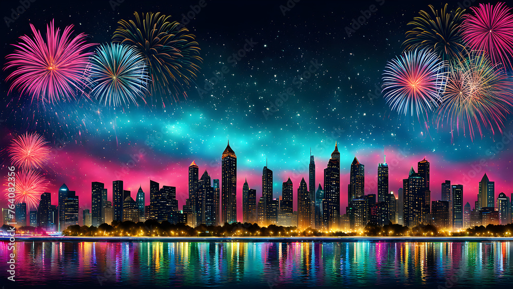 New Year fireworks, city skyline night view

