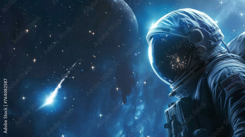 Astronaut watching a comet or asteroid pass from space over Earth in high resolution and high quality. CONCEPT universe, comets, danger, extinction, man, astronaut Astronaut watching a comet or asteroid pass from space over Earth in high resolution and high quality. CONCEPT universe, comets, danger, extinction, man, astronaut