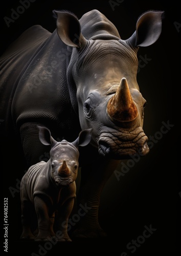 Adult rhinoceros portrait with small calf against dark background 