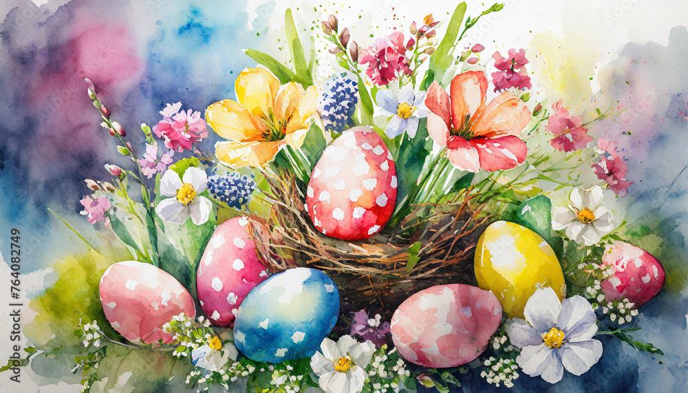 Watercolor illustration of composition with Easter eggs and beautiful flowers. Happy holiday. Hand drawn art.