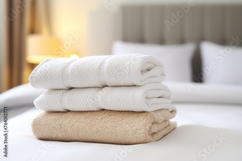 Neat stack of white towels on bed in bedroom with ample space for text, wide angle shot © Aliaksandra