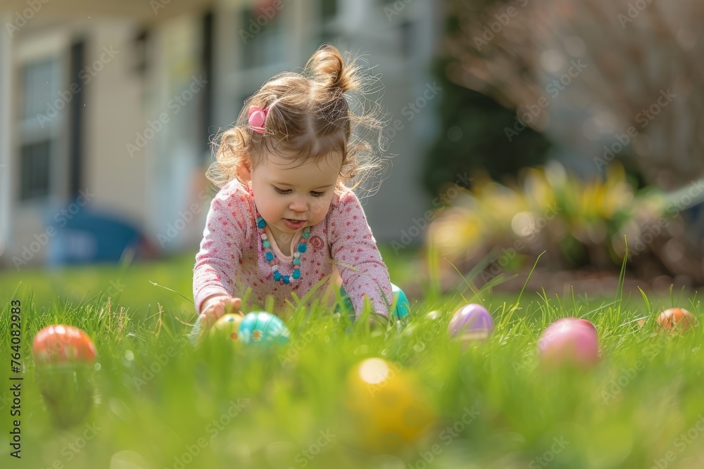Little girl picks up Easter eggs, little girl picks up Easter eggs in the grass. Little girl picks up Easter eggs, little girl picks up Easter eggs in the grass.