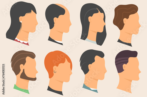 Flat heads in profile. Various human heads, male and female, with different hairstyles and accessories. Colorful web avatars vector simple face character set symbol