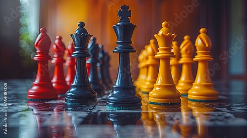 A crystal chessboard symbolizes the strategic planning, competition, and calculated moves necessary for success in the business world. Each piece represents a different aspect of business strategy, a photo