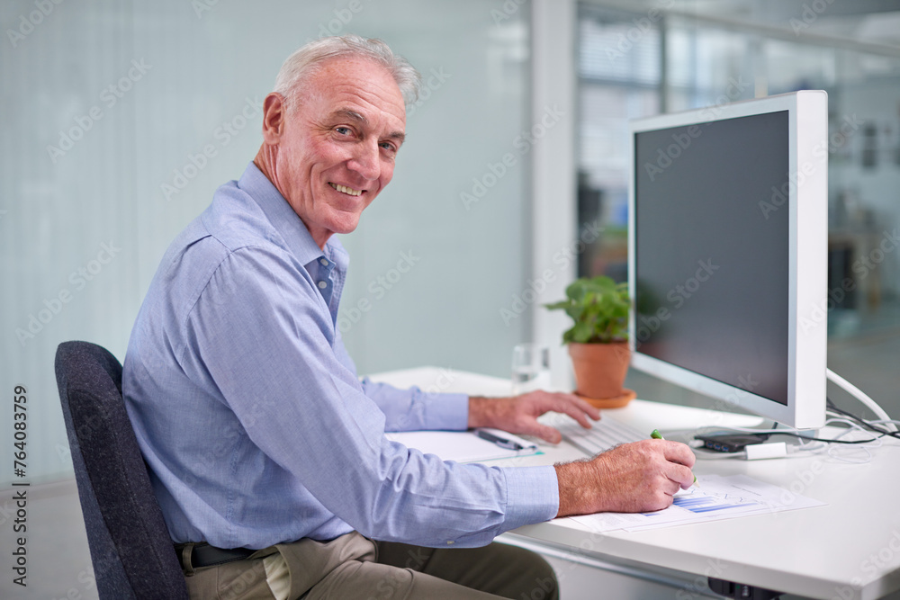 Senior, businessman and computer for portrait at desk, worker or internet technology in office for digital job. Professional male person, online for corporate career, happy employee in workplace