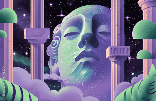mindfulness, meditation and calmness, dream and fantasy illustration, classical human face with columns on a night starry sky © Olga