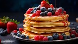 Delicious homemade pancakes with fresh berries and maple syrup for breakfast, copy space available