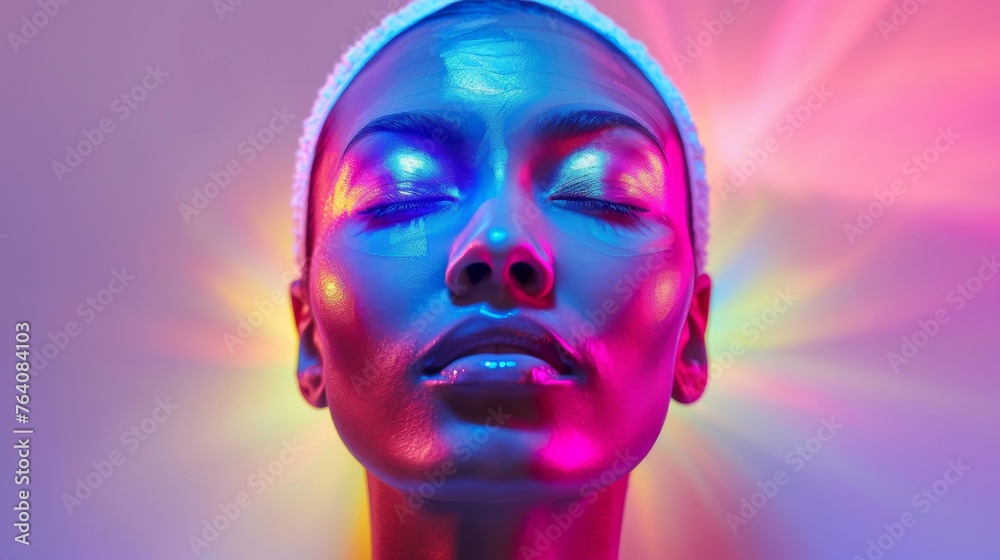  Artistic rendering of an ethereal figure undergoing a transformative LED skin treatment vibrant lights from the device casting colorful shadows
