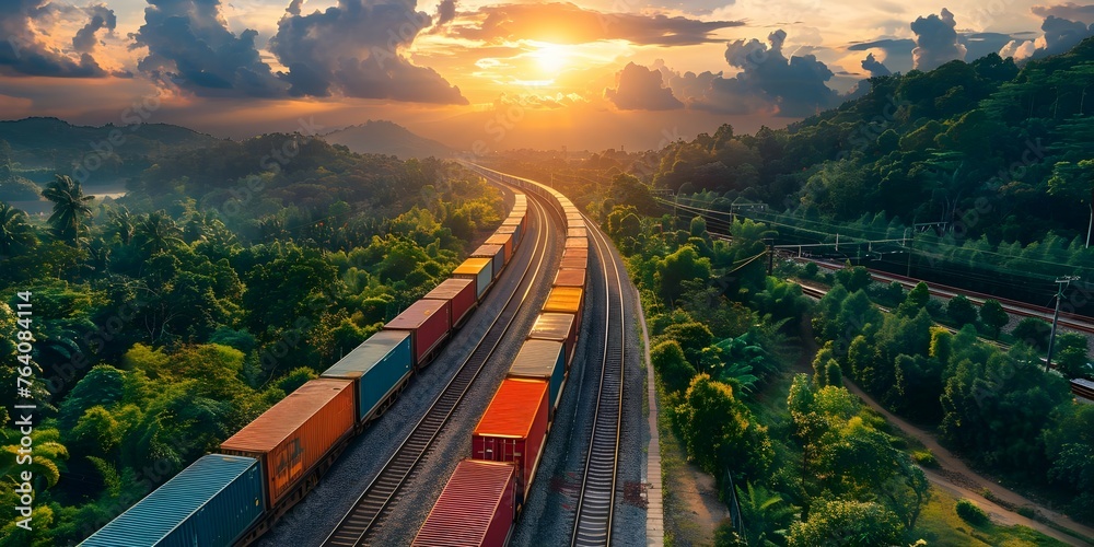 Efficient transportation of international goods by train with intermodal containers. Concept Intermodal Container Shipping, Train Transportation, International Logistics, Efficient Cargo Routing - obrazy, fototapety, plakaty 