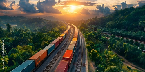 Efficient transportation of international goods by train with intermodal containers. Concept Intermodal Container Shipping, Train Transportation, International Logistics, Efficient Cargo Routing photo