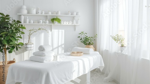 Beautiful spa elements on the massage table in the wellness center. Massage on light wooden background. blur living room, natural creams and moisturizing Healthy lifestyle