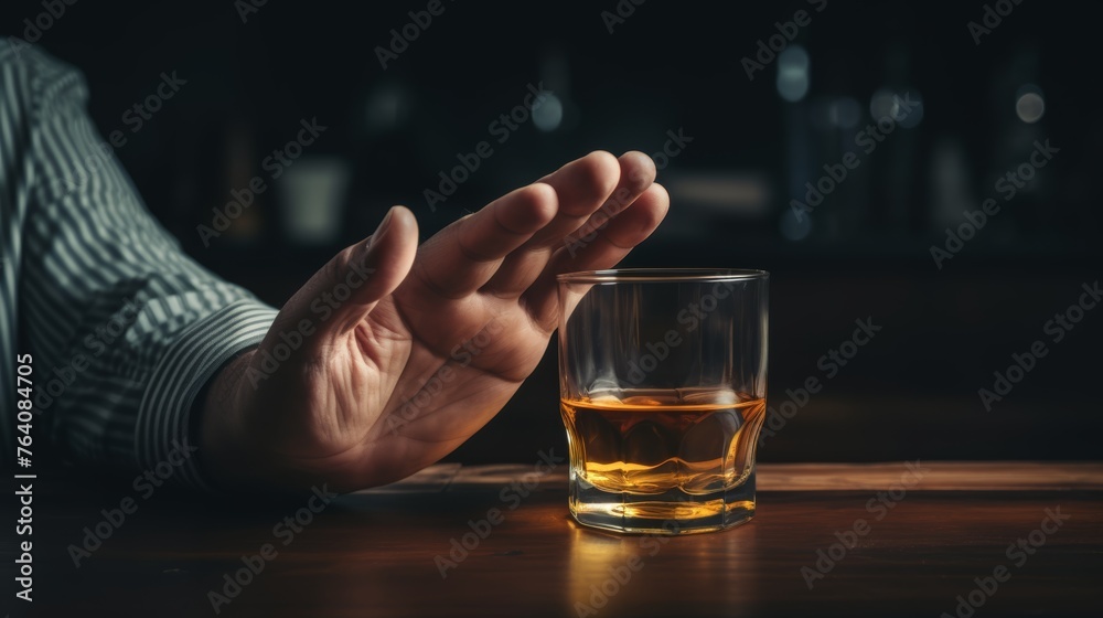 man refuses say no and avoid to drink an alcohol whiskey , stopping hand sign male, alcoholism treatment, alcohol addiction, quit booze, Stop Drinking Alcohol. Refuse Glass liquor, unhealthy, reject