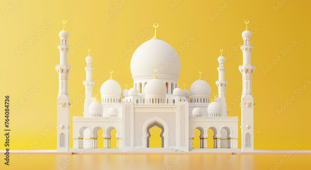 3D white mosque on yellow background with copy space, composition, generative ai